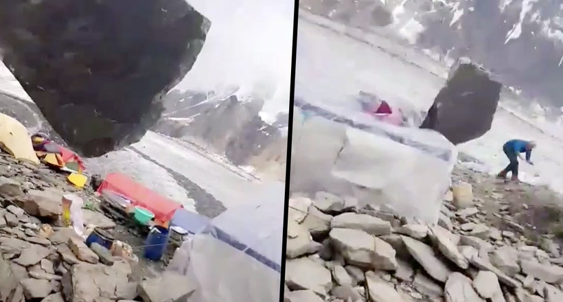Відео: Альпіністи дивом врятувалися від летить через їх табір величезного валуна